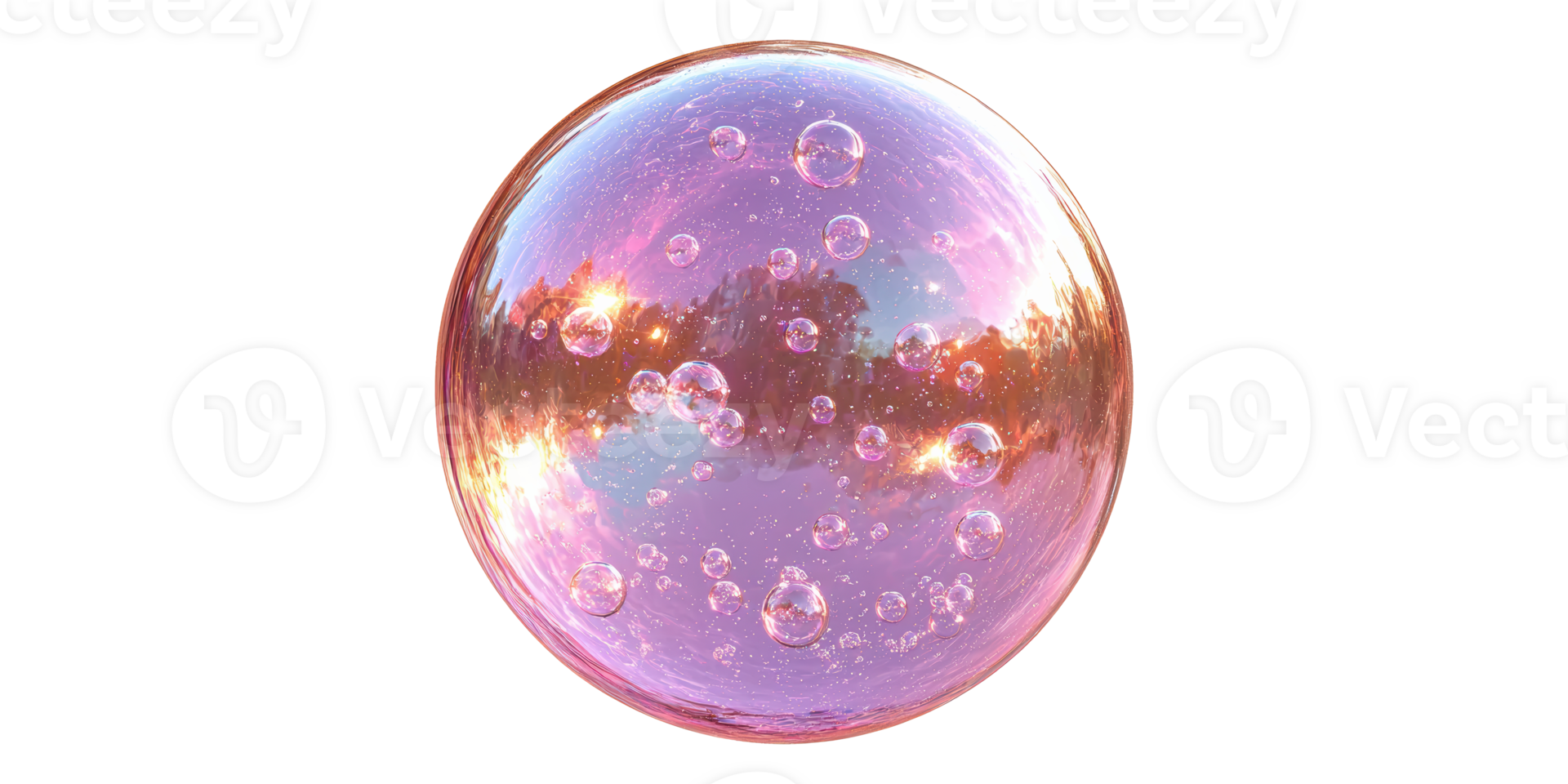 Iridescent bubble sphere with reflections and smaller bubbles isolated on transparent background png