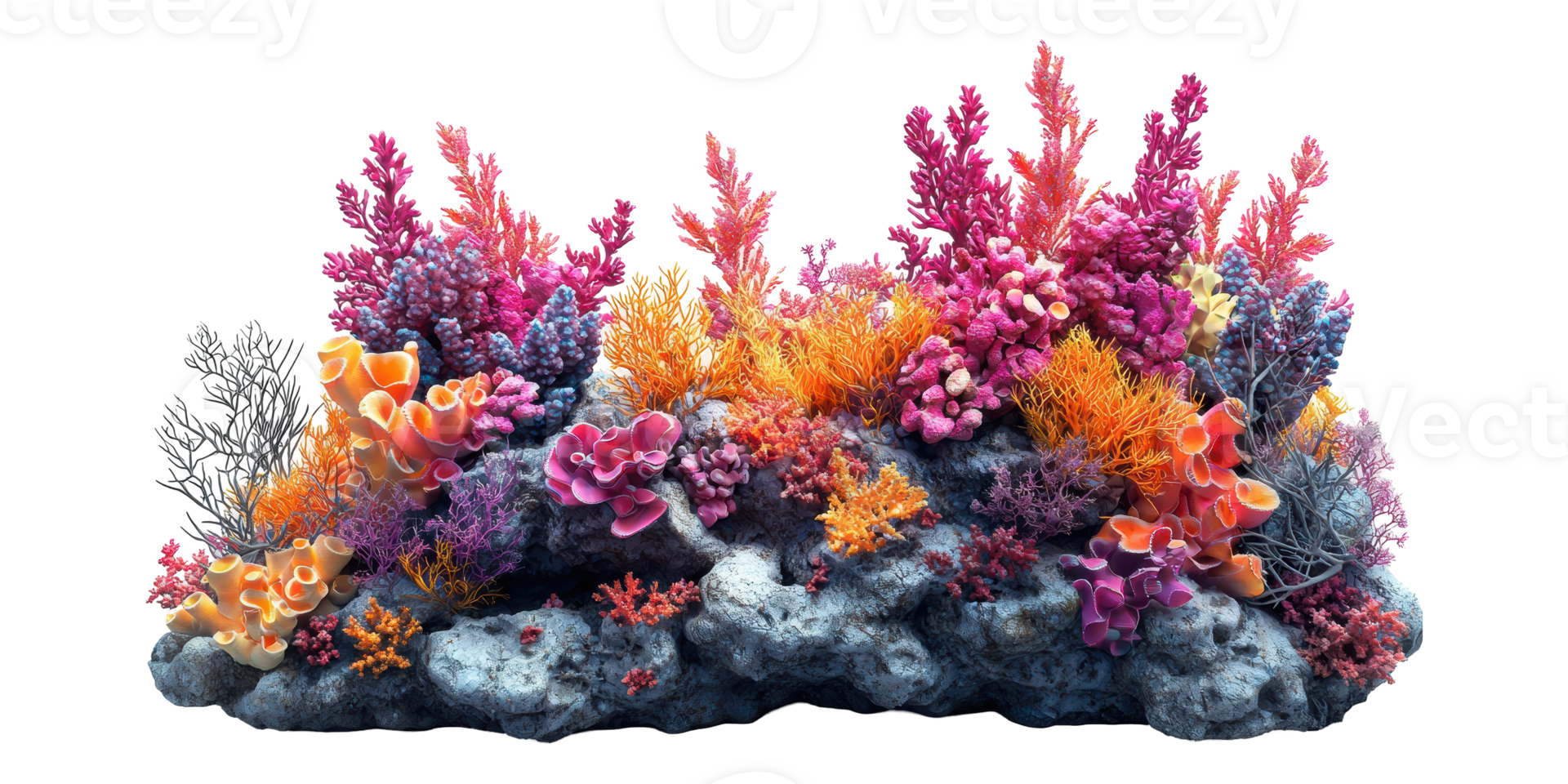 Colorful coral reef with diverse marine life isolated on transparent background png