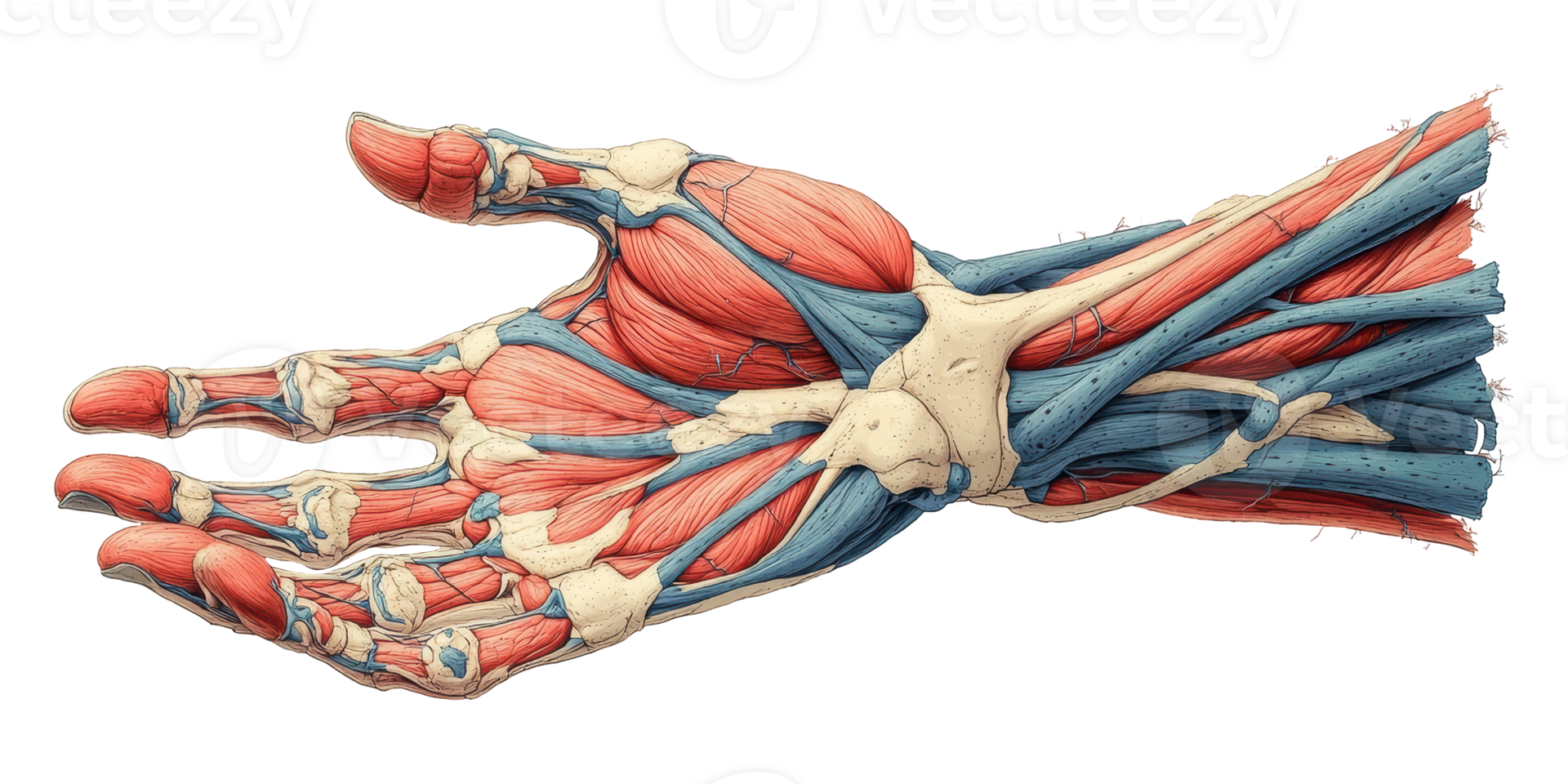 Anatomical illustration of human hand muscles and bones isolated on transparent background png