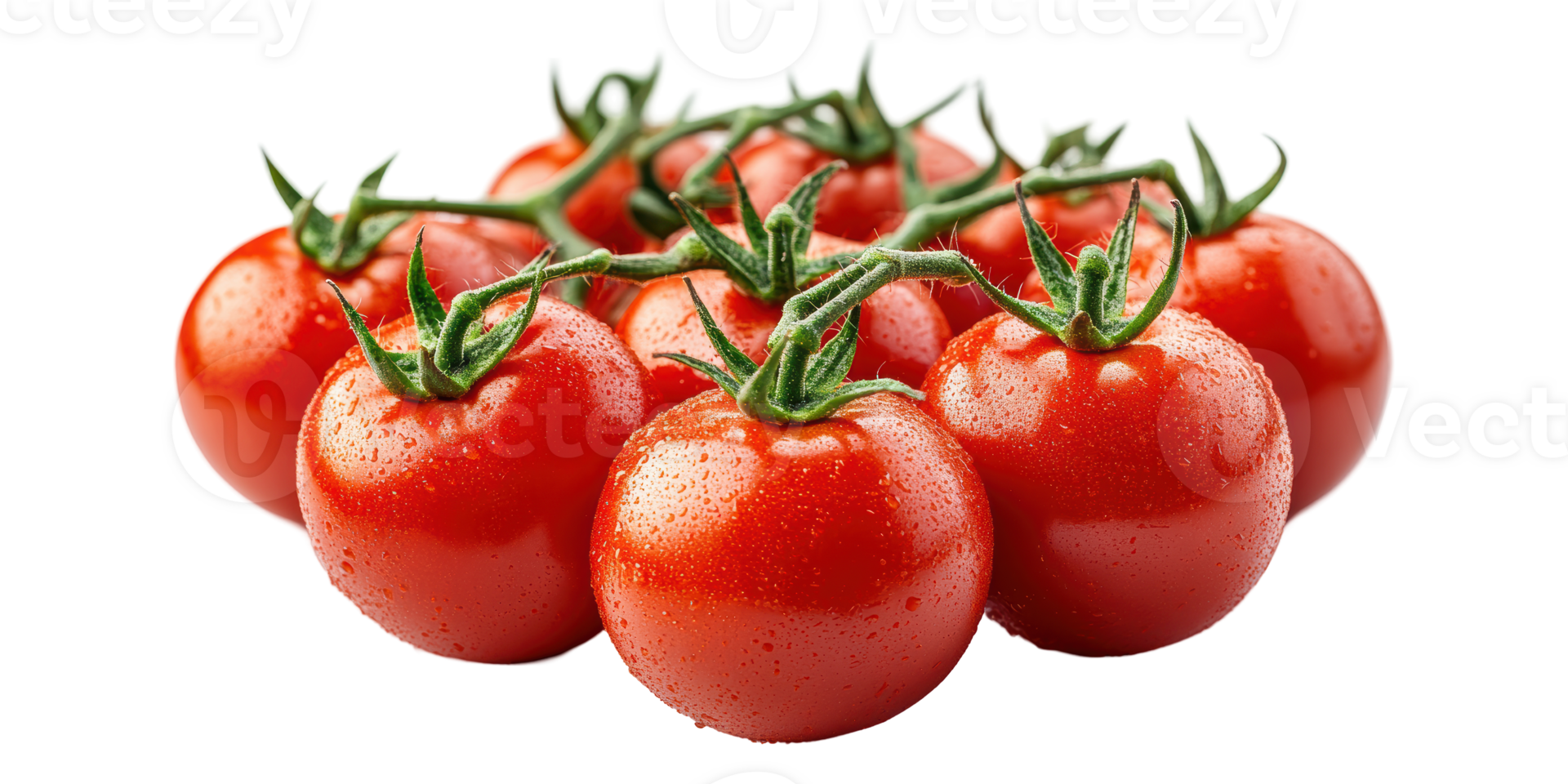 Cluster of fresh red tomatoes with green stems isolated on transparent background png