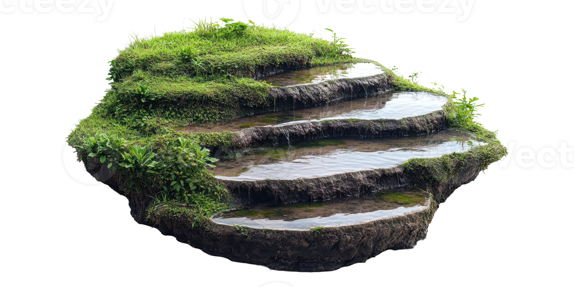 Grass-covered terraced steps with water isolated on transparent background png
