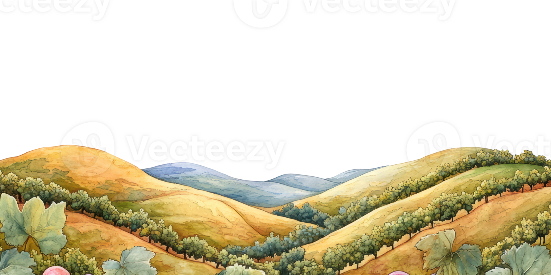 Watercolor landscape of rolling hills isolated on transparent background png