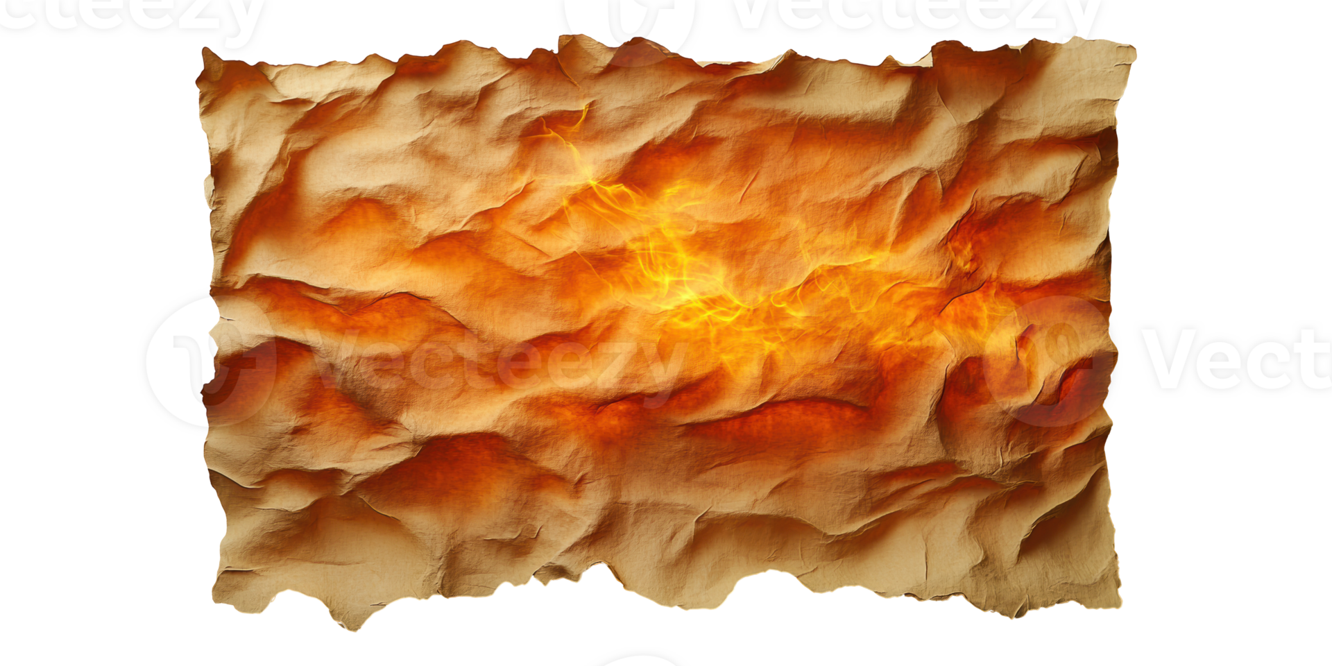 Burnt parchment texture with fiery center isolated on transparent background png