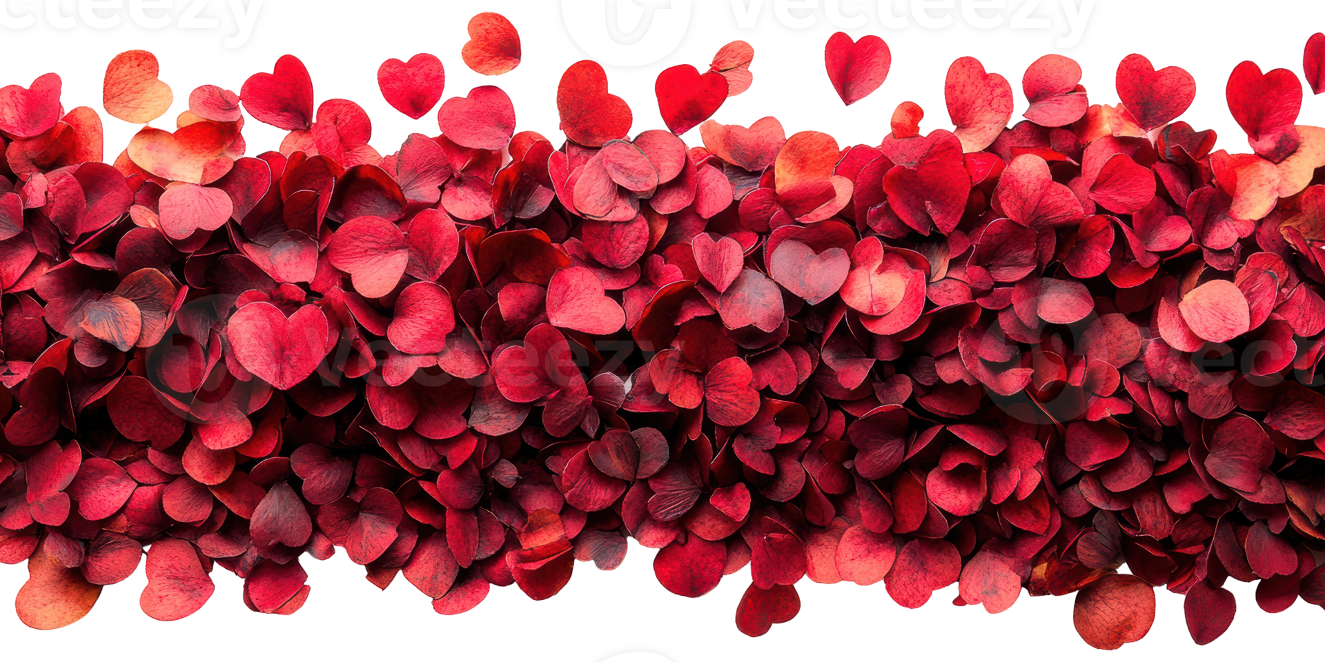 Red rose petals in heart shape pattern isolated on transparent background png