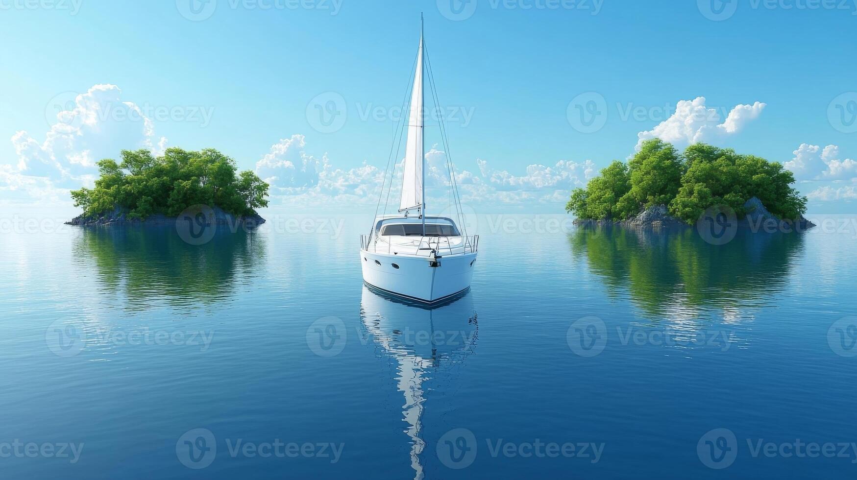 A sailboat is floating in the ocean near some islands photo