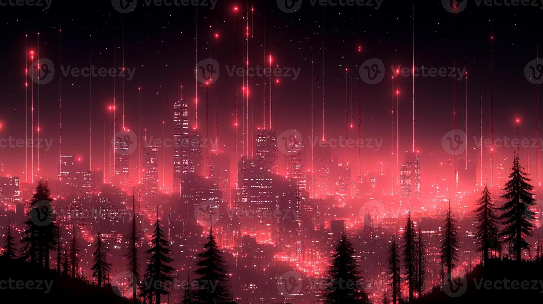 A city with red lights and trees photo