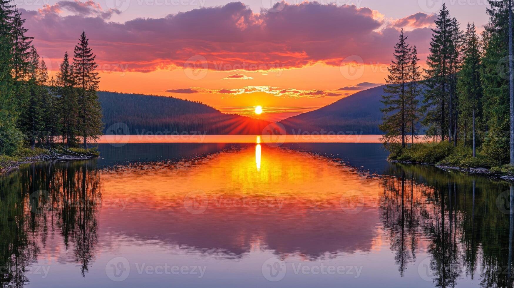 A beautiful sunset over a lake with trees and water photo