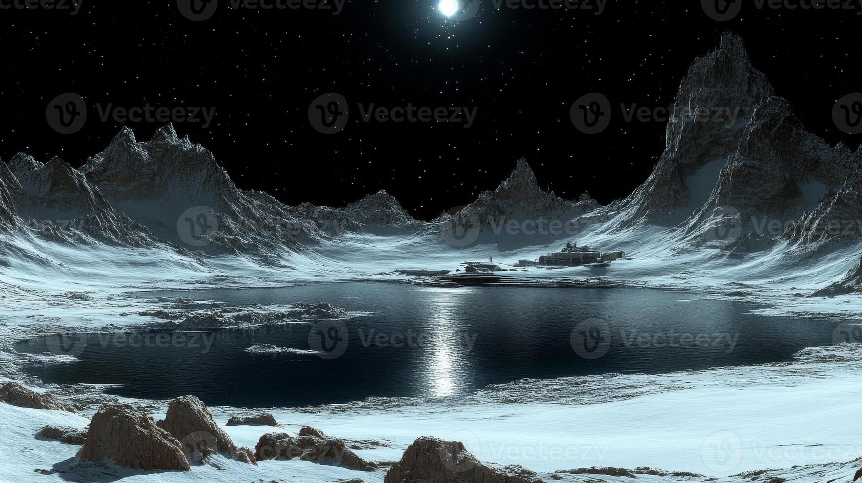 A lake in the middle of a snowy mountain photo
