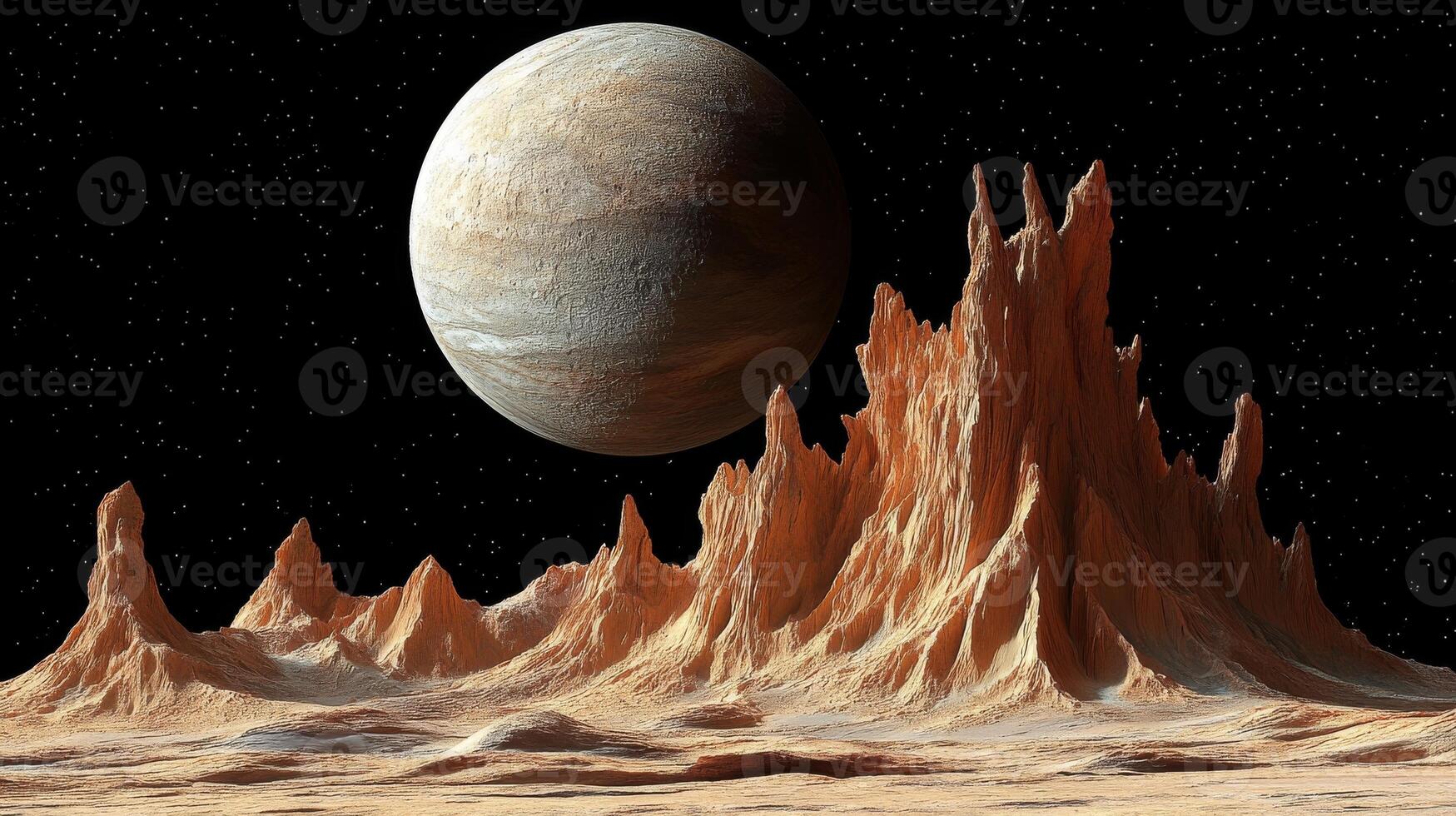 An alien landscape with a large rock in the middle photo