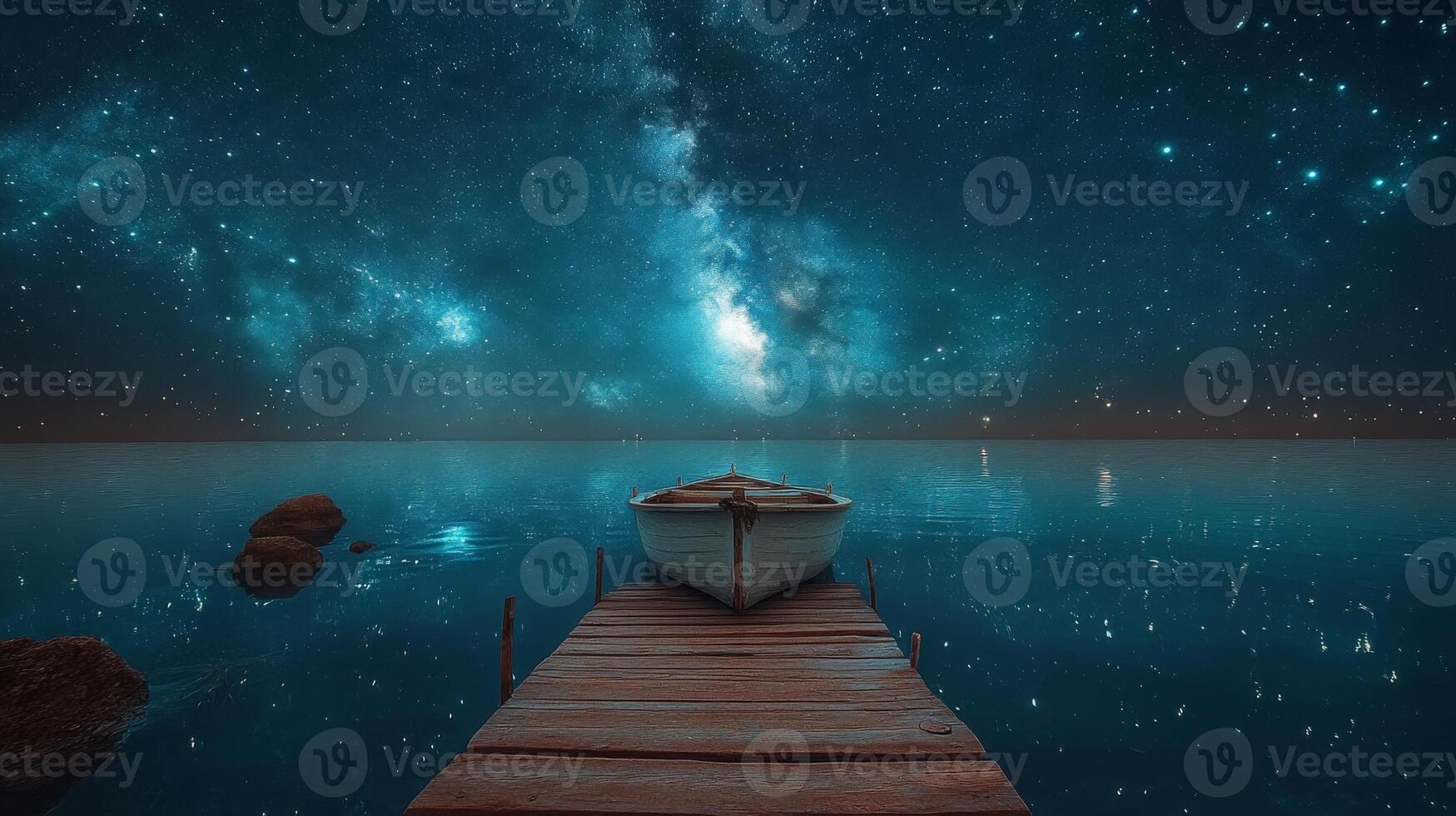 A boat on a dock at night with stars photo