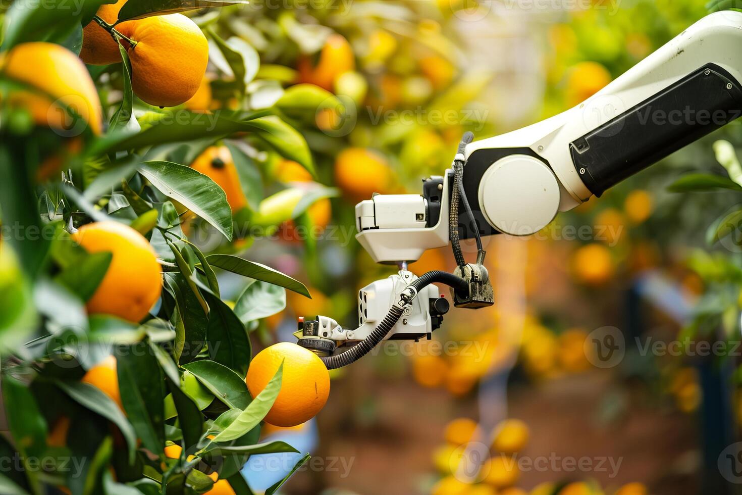 Innovative orange harvesting with robotic arm in sunny orchard photo