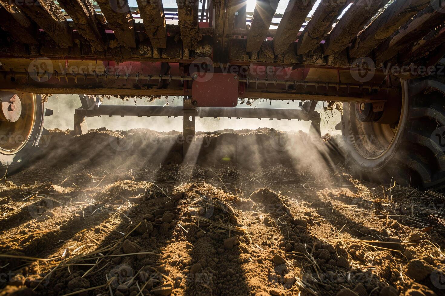 Dust and sunlight underneath a cultivator in action photo