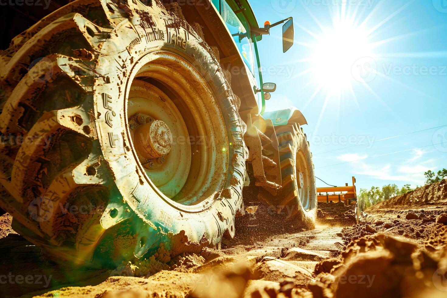 Modern tractor tire in action on a sunny farmland day photo