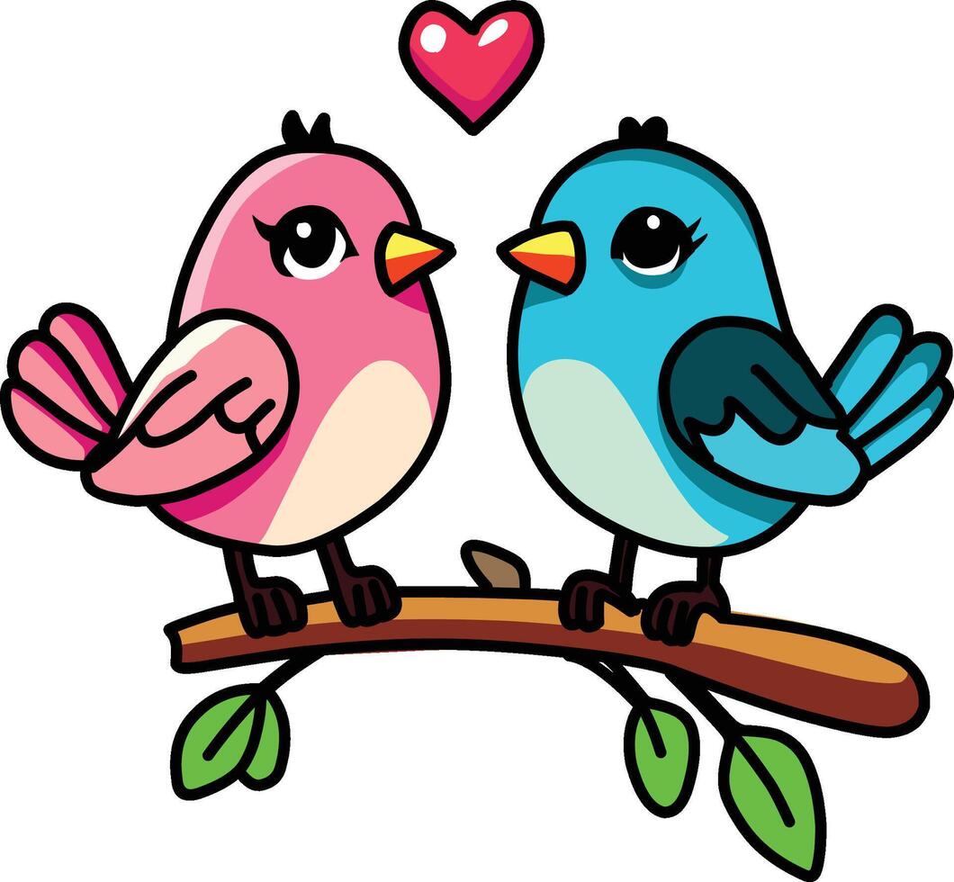 Cute couple of birds on a branch with hearts vector