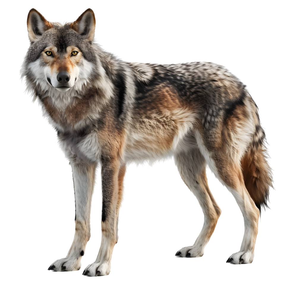 Timber wolf standing alert isolated on transparent background png