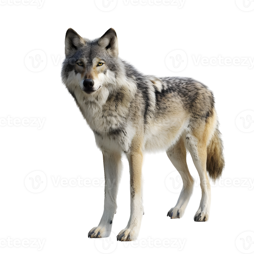 Gray wolf walking with focused expression isolated on transparent background png