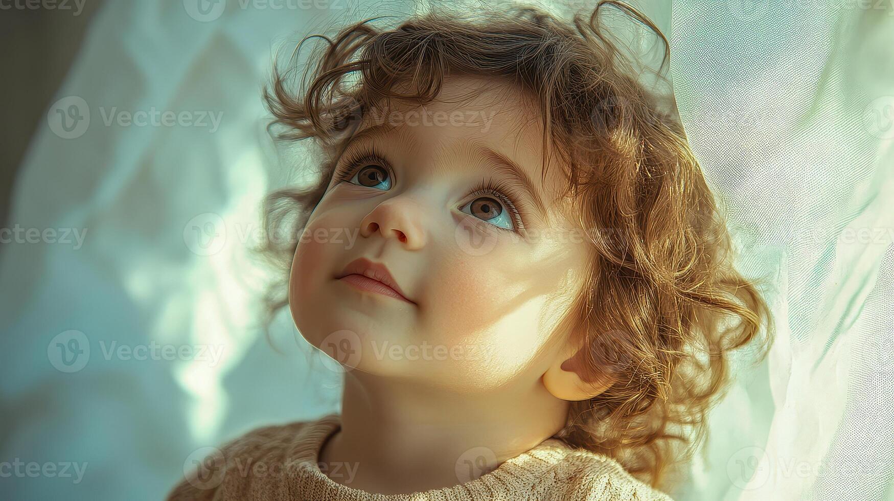 Smiling infant in cozy winter attire enjoys a moment of joy indoors during a sunny afternoon photo