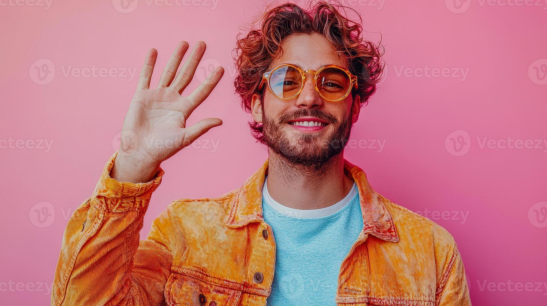 Confident young man strikes a playful pose against a vibrant pink background during a summer photoshoot photo