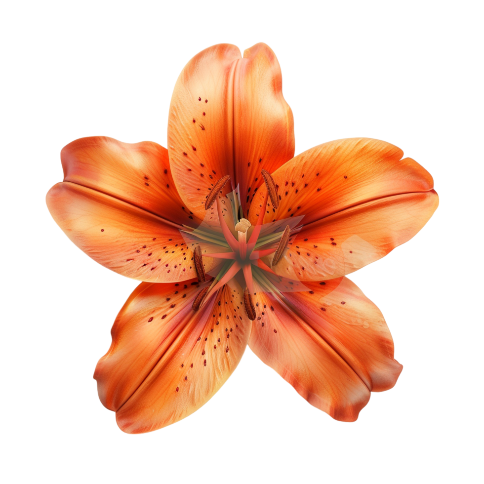 Top view of an orange lily flower with petals and pollen isolated on transparent background png