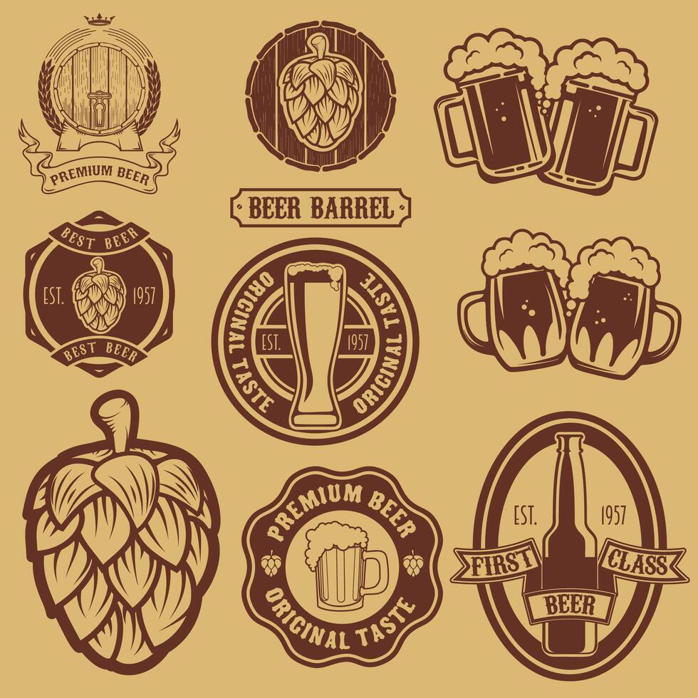 Set of labels templates with beer mug. Beer. Bar. Pub. Design elements for logo, label, emblem, sign, brand mark. illustration. vector