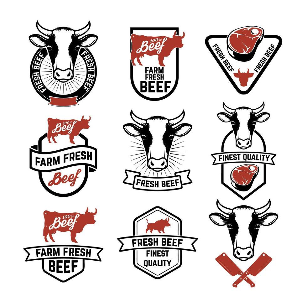 Set of fresh beef labels. Cow meat. Butcher shop. Fresh meat. vector