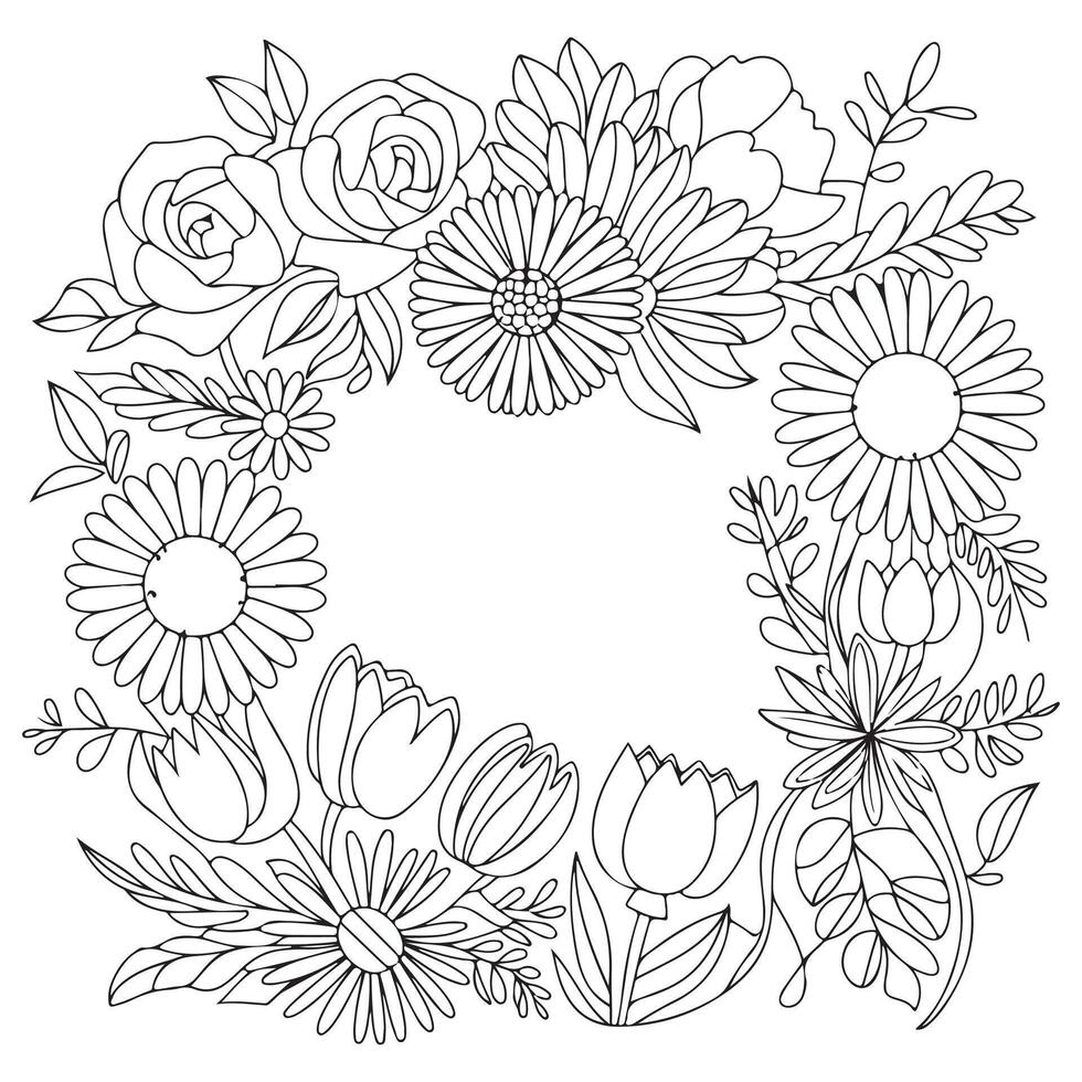 floral frame with flowers and leaves for your coloring book vector