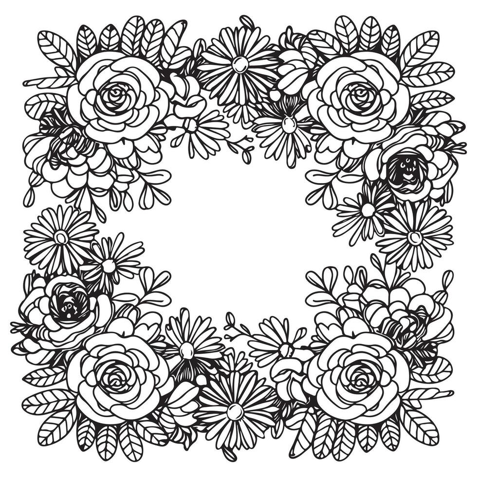 floral wreath of twigs with leaves and flowers for your coloring book vector
