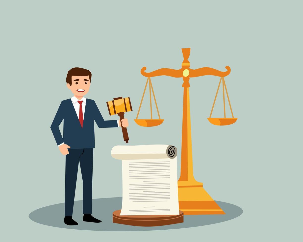 illustration of a confident male lawyer in a suit holding a gavel, standing beside a legal document scroll and balanced golden scales, representing justice and law vector
