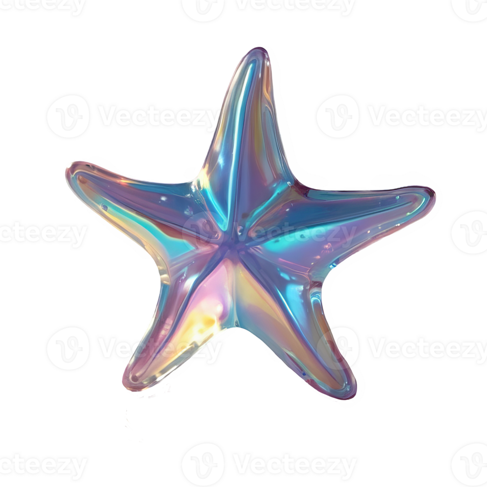 3D chrome element in Y2K style, isolated background, liquid holographic metal. Star made of glitter and colored glass, shining brightly effect. png