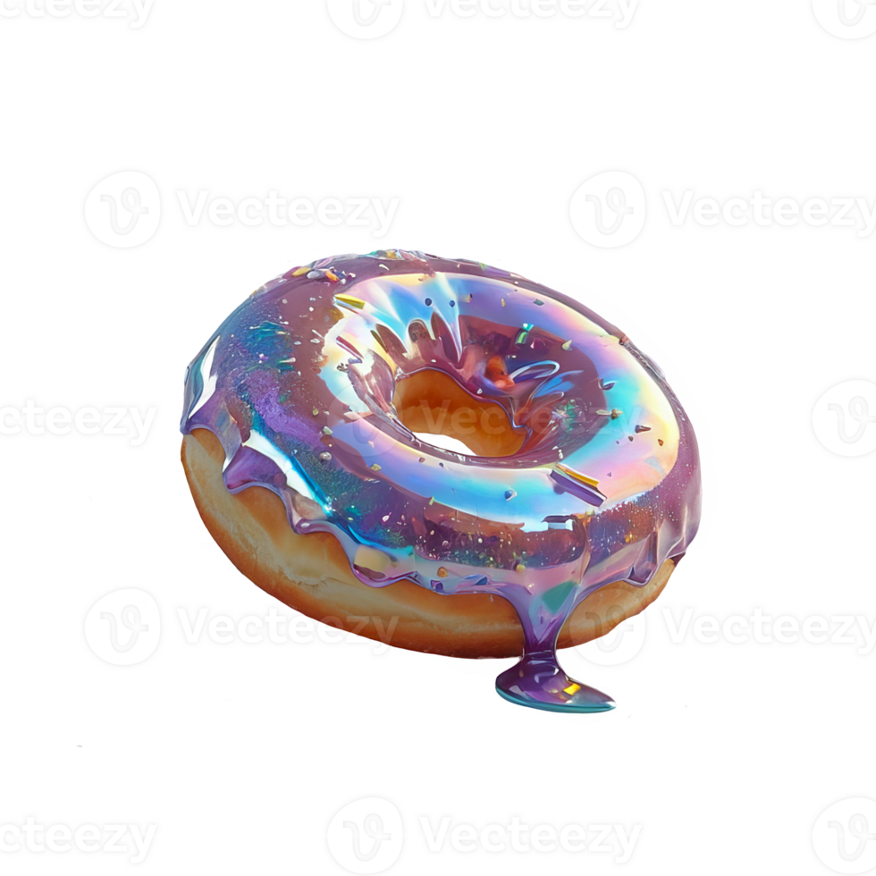 3D chrome element in Y2K style, isolated background, liquid holographic metal. Donut with purple glaze dripping from it, dreamy, ethereal appearance. png