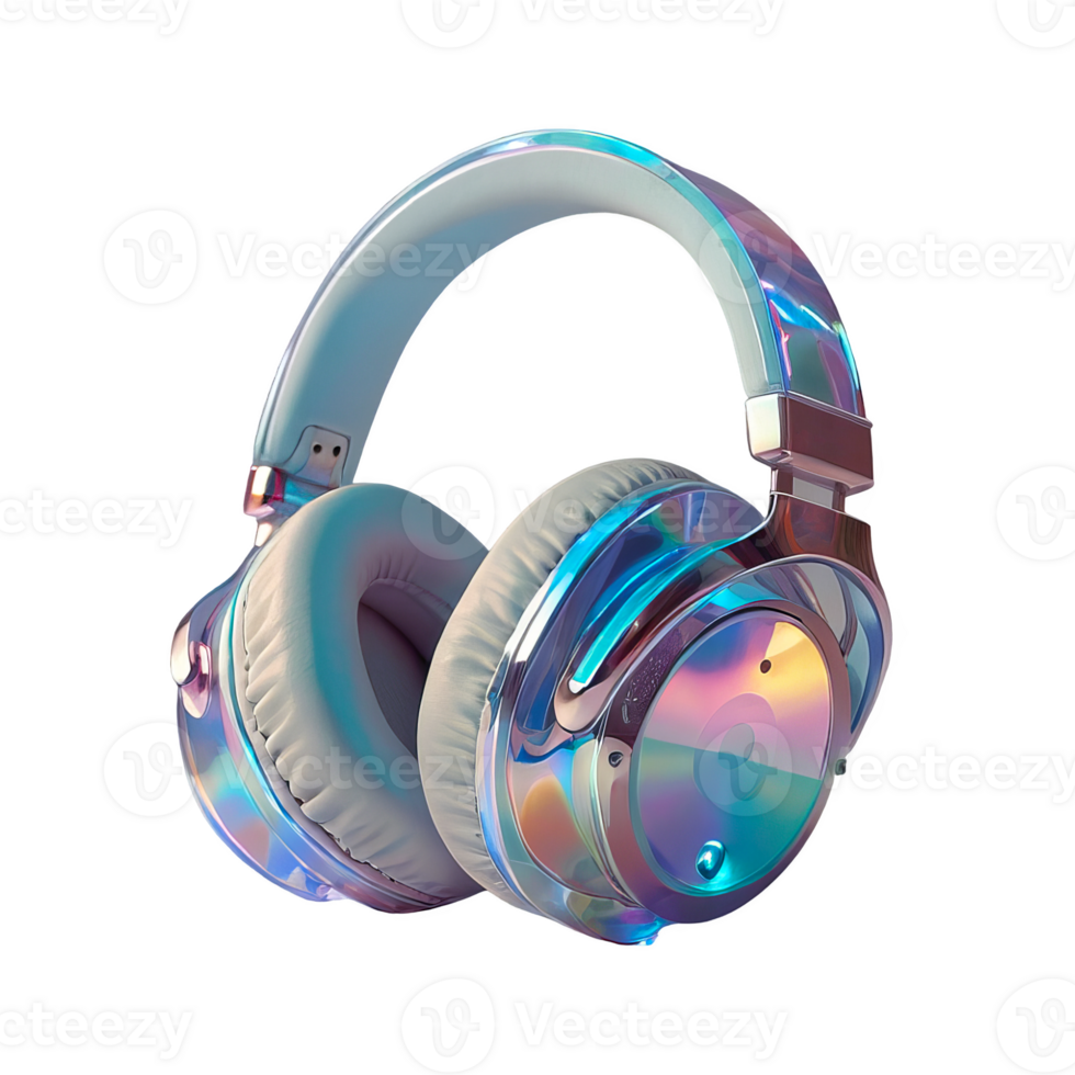 3D chrome element in Y2K style, isolated background, liquid holographic metal. Pair of headphones with a rainbow design, silver and pastel colors. png