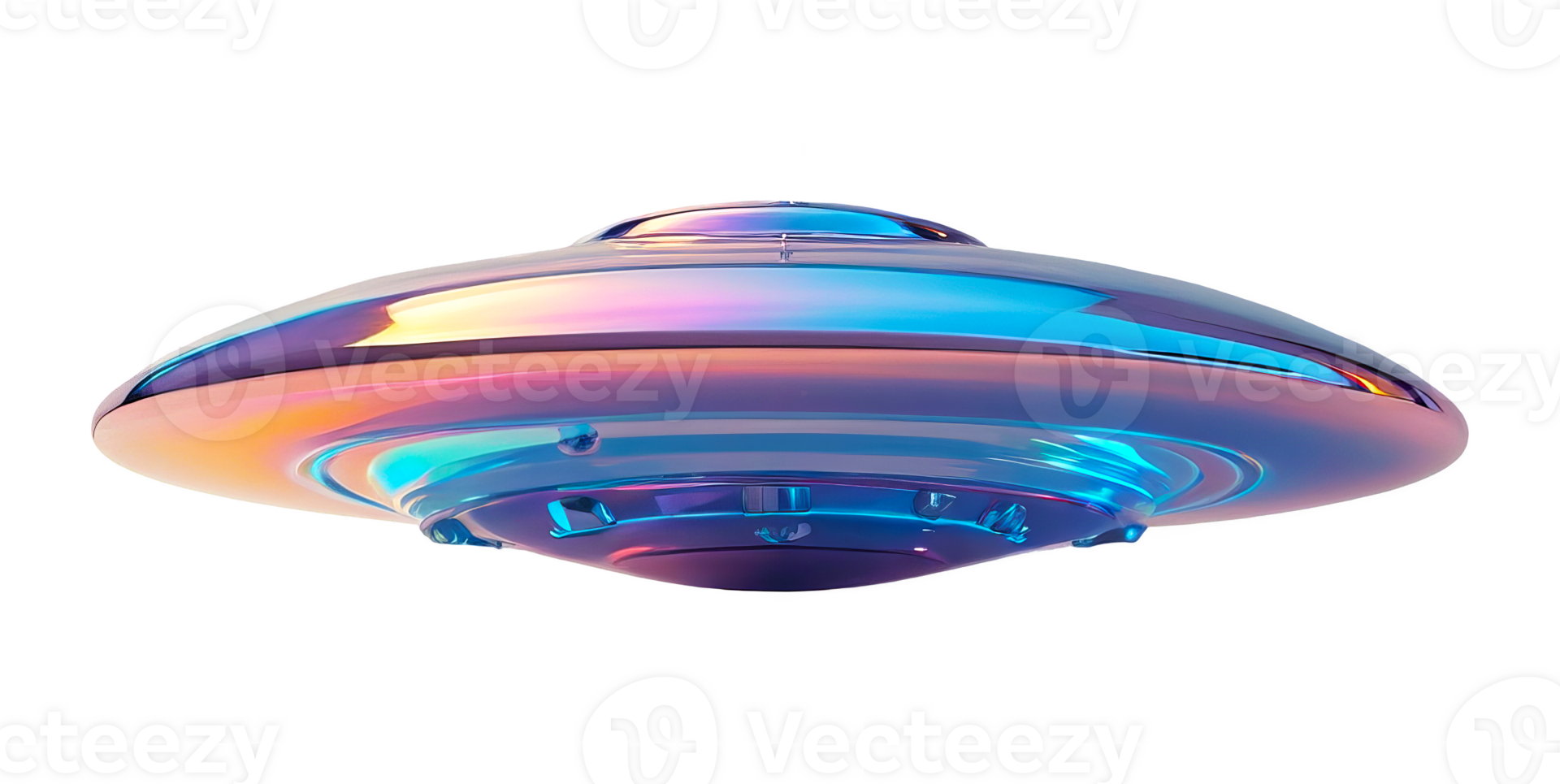 3D chrome element in Y2K style, isolated background, liquid holographic metal. A shiny, colorful, and reflective UFO floating in the air, made of a metallic material. png