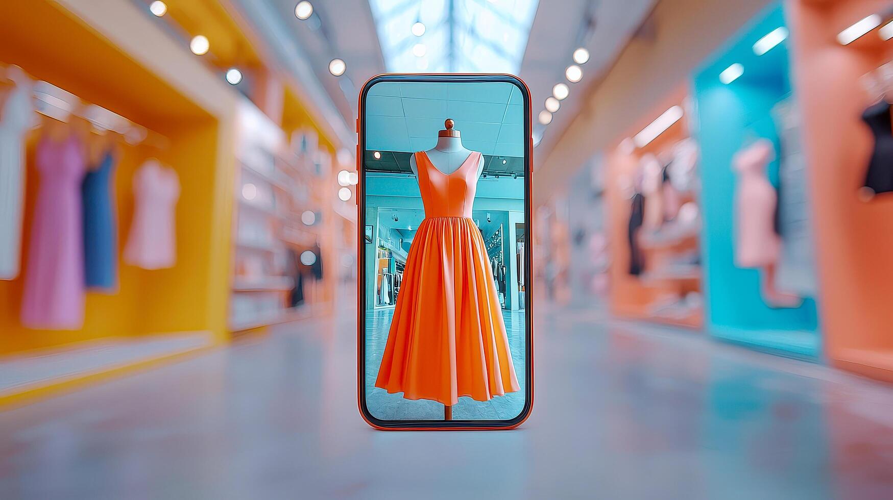 Stunning orange dress displayed through a smartphone in a modern boutique setting with vibrant photo
