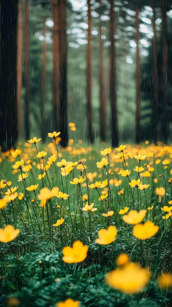 yellow flowers bloom in a serene forest setting, bringing joy and color to a peaceful spring day photo