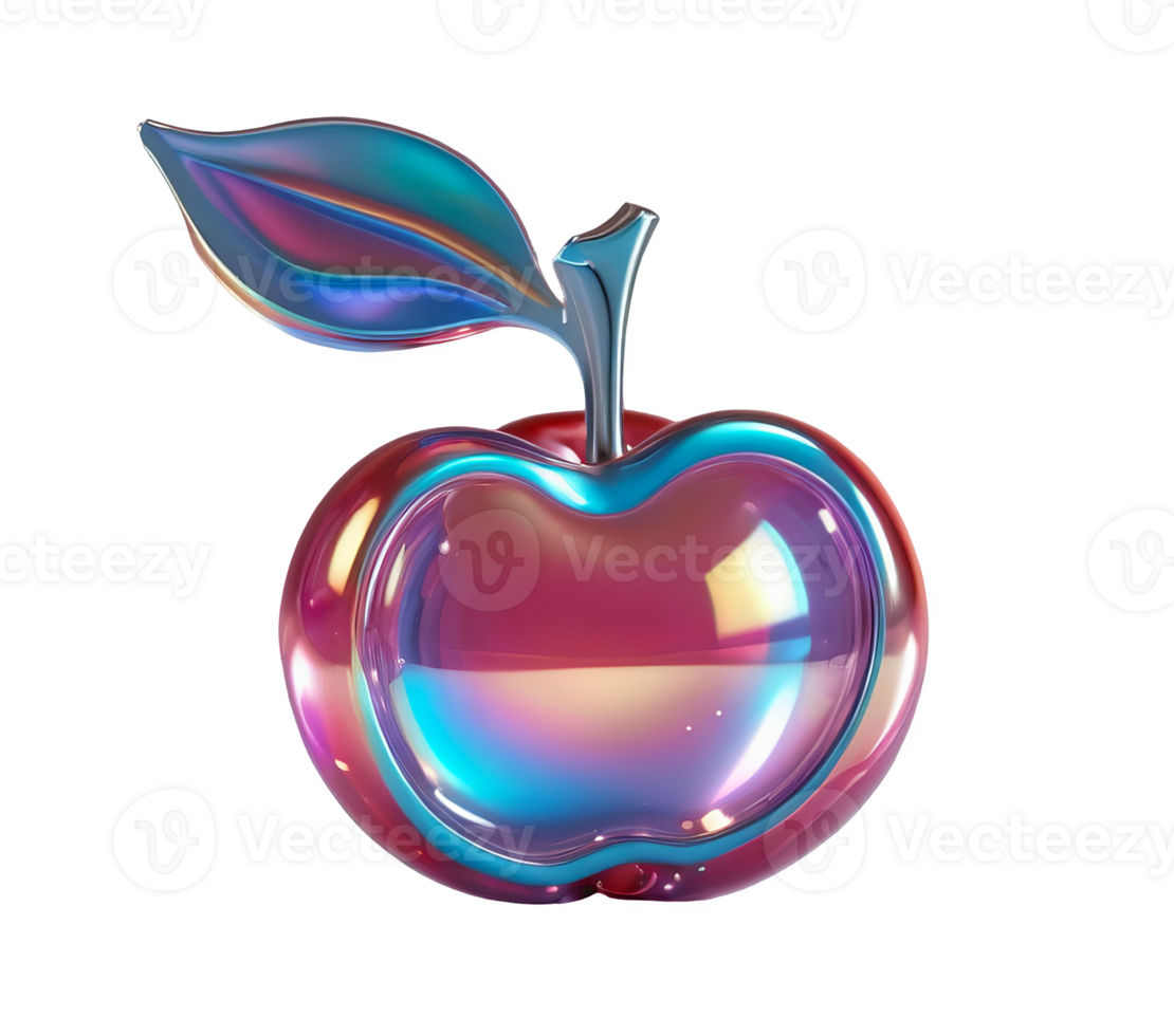 3D chrome element in Y2K style, isolated background, liquid holographic metal. A colorful apple with a green leaf on top, shiny surface. png