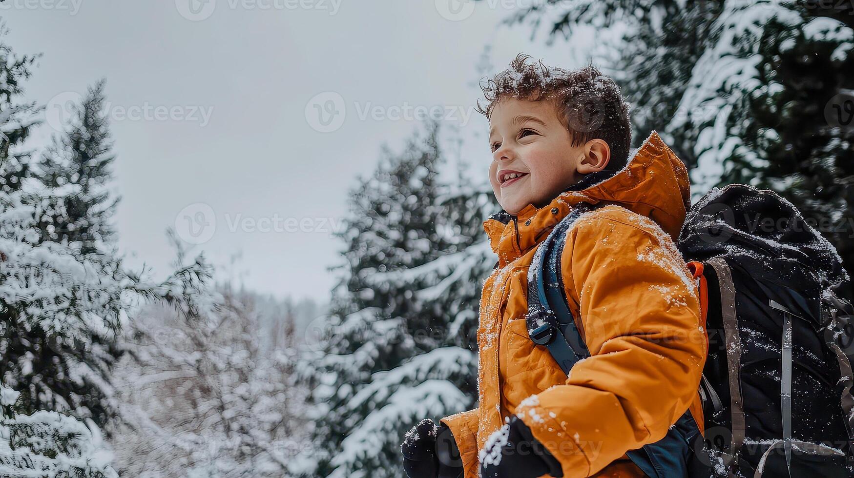 Joyful child explores a winter wonderland amidst snowy trees and frosty landscapes photo