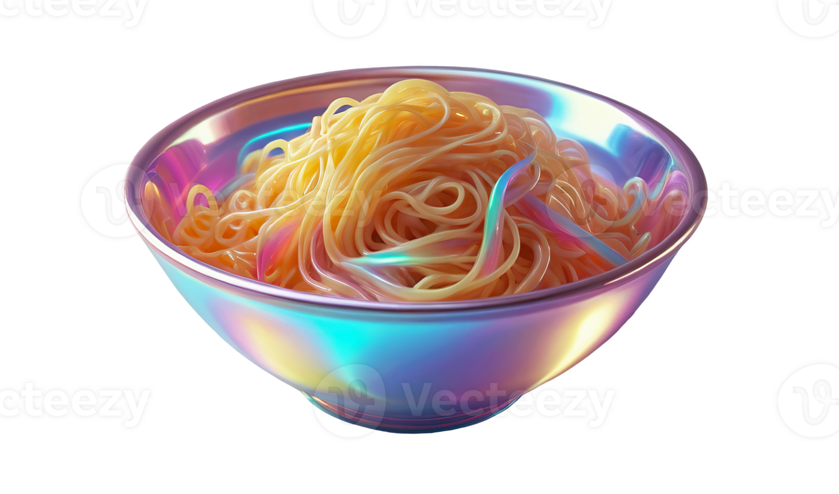 3D chrome element, isolated background, liquid holographic metal. Bowl of noodles with rainbow colors made of shiny material. png