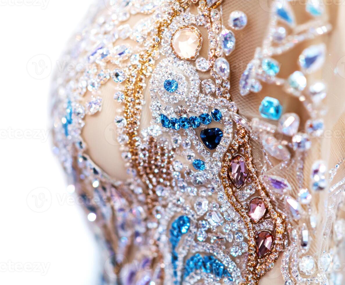 Elegant evening gown adorned with intricate beadwork and shimmering details in soft lighting photo