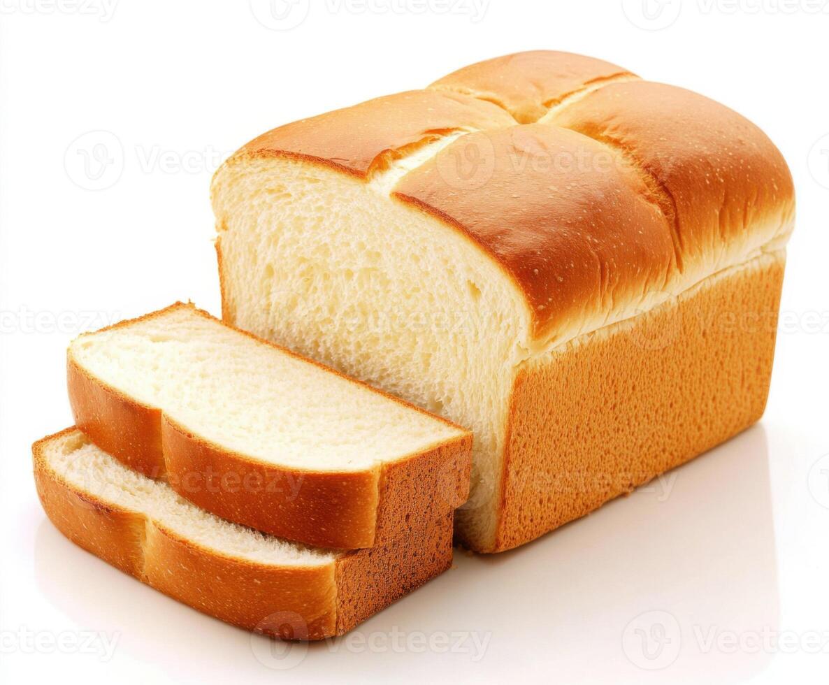 Freshly baked bread loaf with sliced pieces showing soft, fluffy texture on a clean background photo