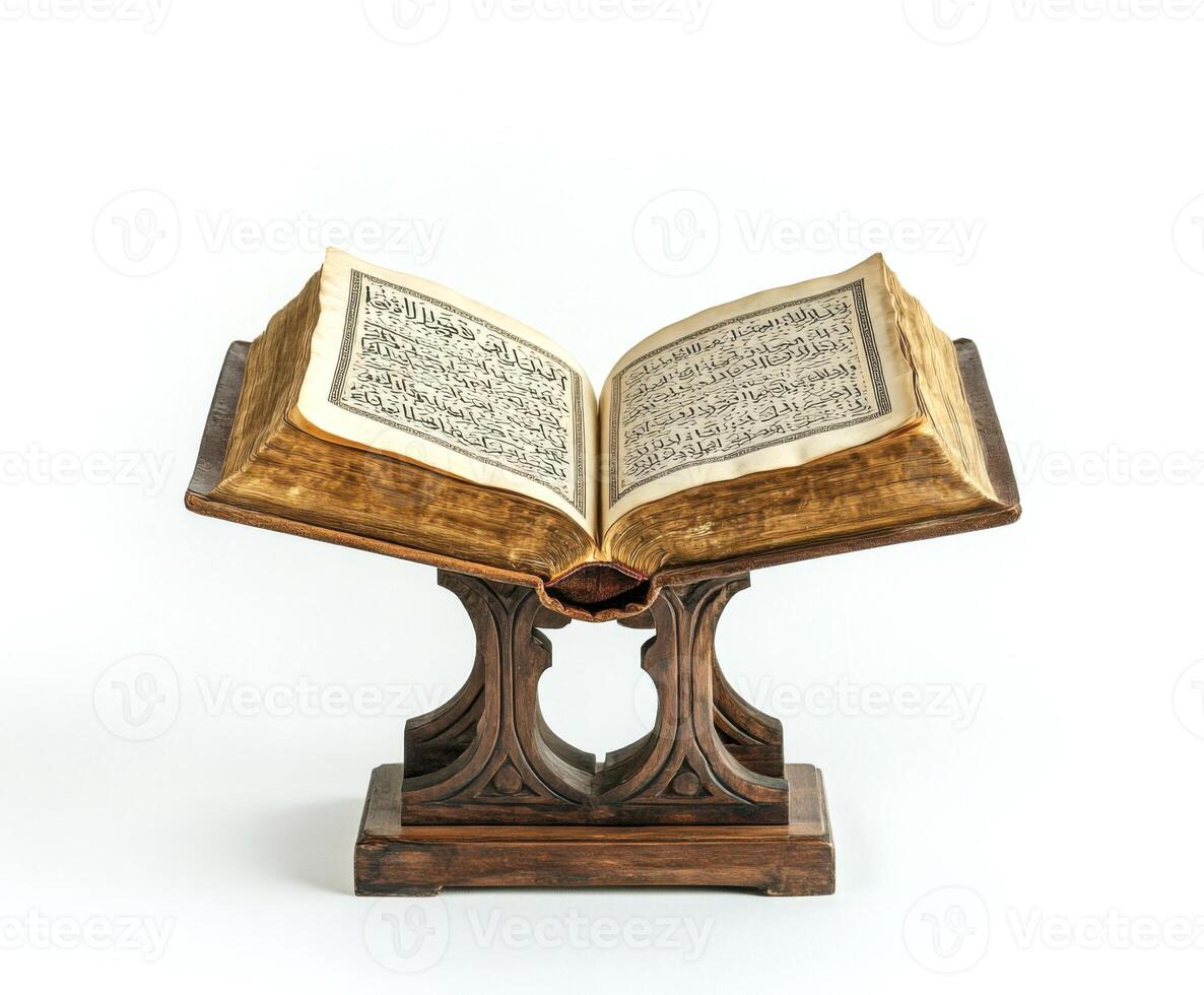 Open Quran on a decorative stand showcasing intricate calligraphy and detailed pages in a minimalistic setting photo