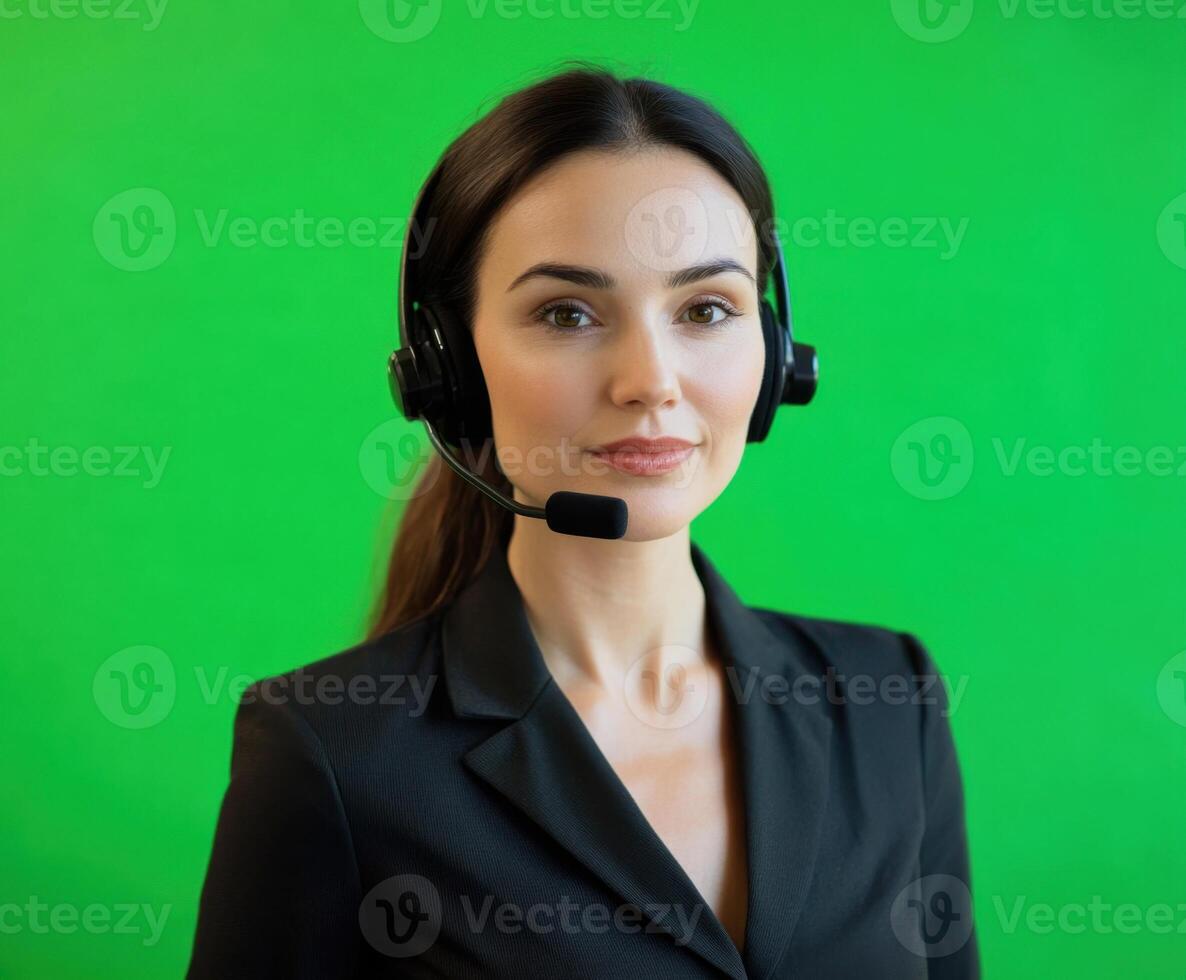 Professional woman wearing headset in front of green background, engaged in virtual communication photo