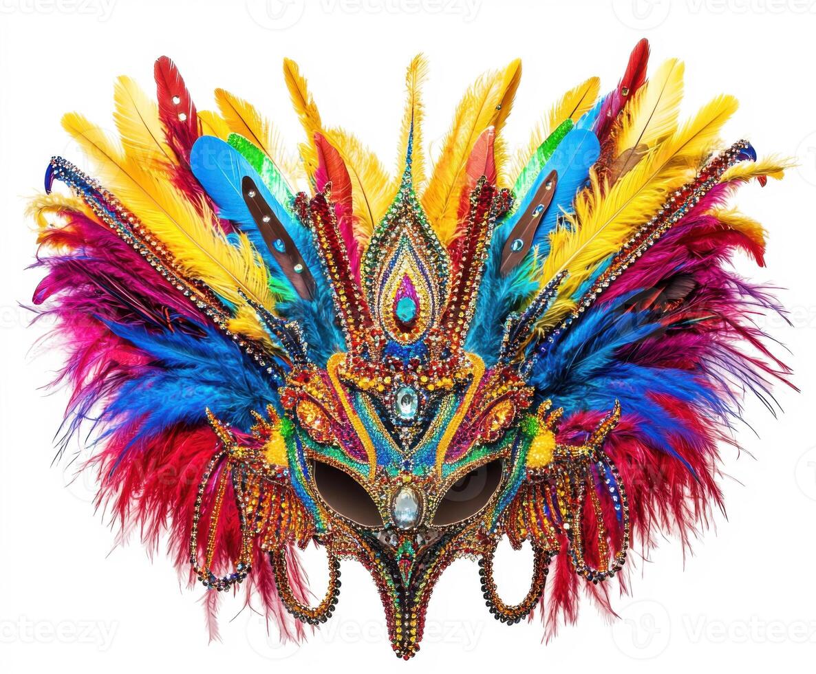 Colorful feathered carnival mask with intricate beadwork showcasing vibrant hues and artistic design photo