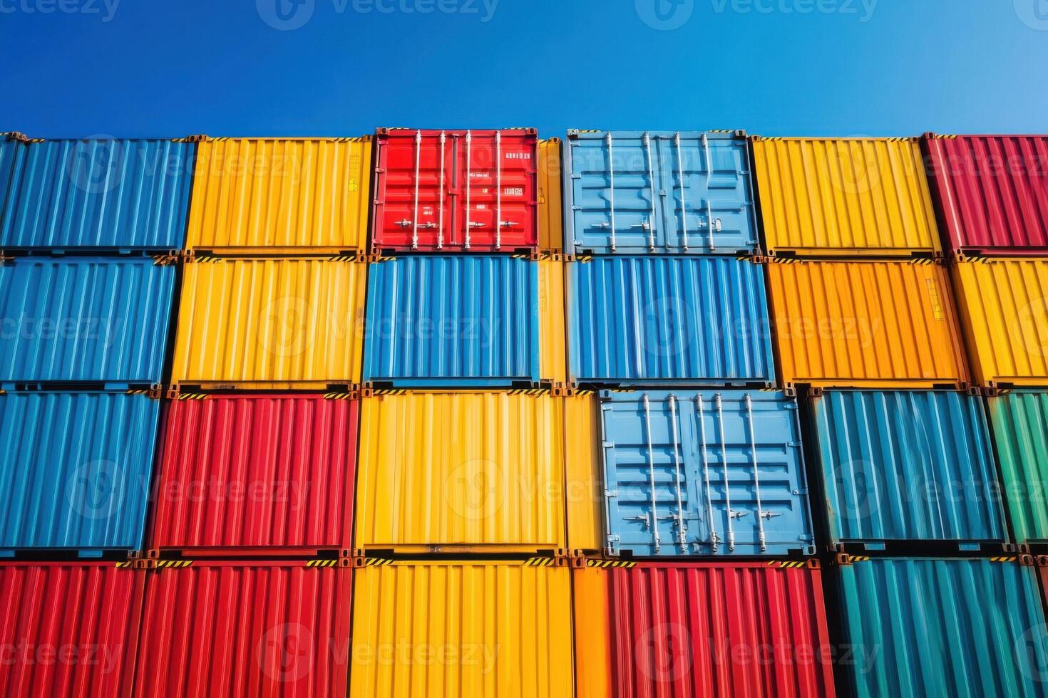 Colorful shipping containers stacked at a port during bright daylight hours photo