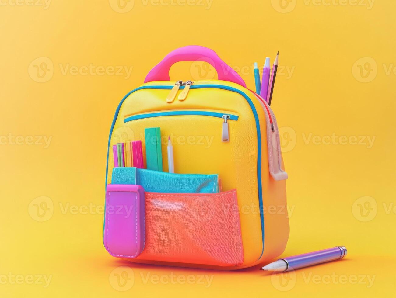 Brightly colored school backpack with stationery on a vibrant background for back-to-school preparations photo