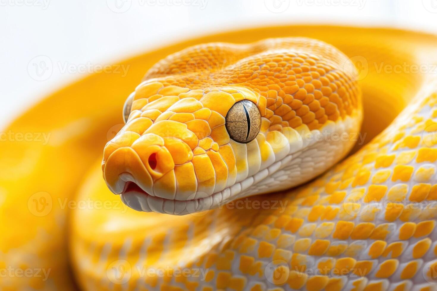 Bright yellow snake resting peacefully in a cozy setting showcasing its vibrant scales and striking features photo