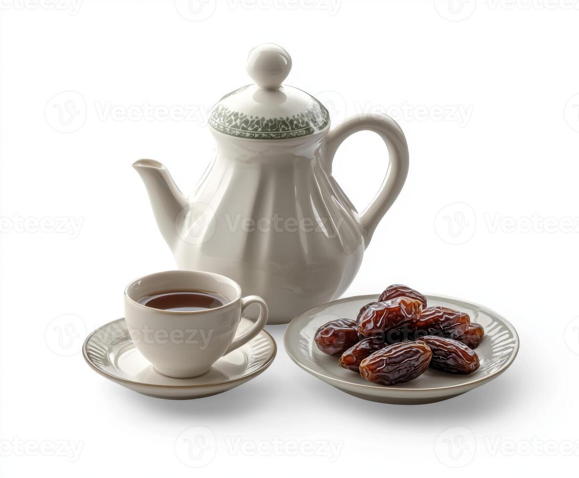 Traditional tea served with dates on a plain white background, highlighting the simplicity of the experience photo