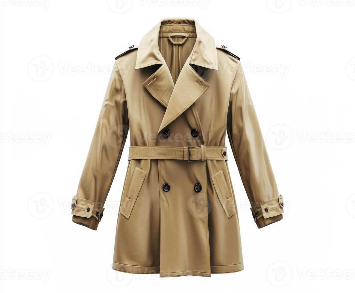 Classic tan trench coat with double-breasted design and belt for stylish outerwear photo