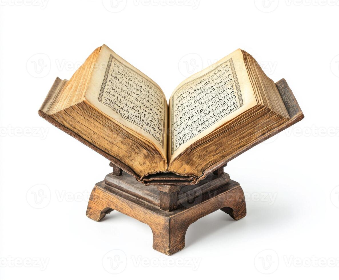 Antique book displayed on a wooden stand, showcasing intricate pages and detailed script photo