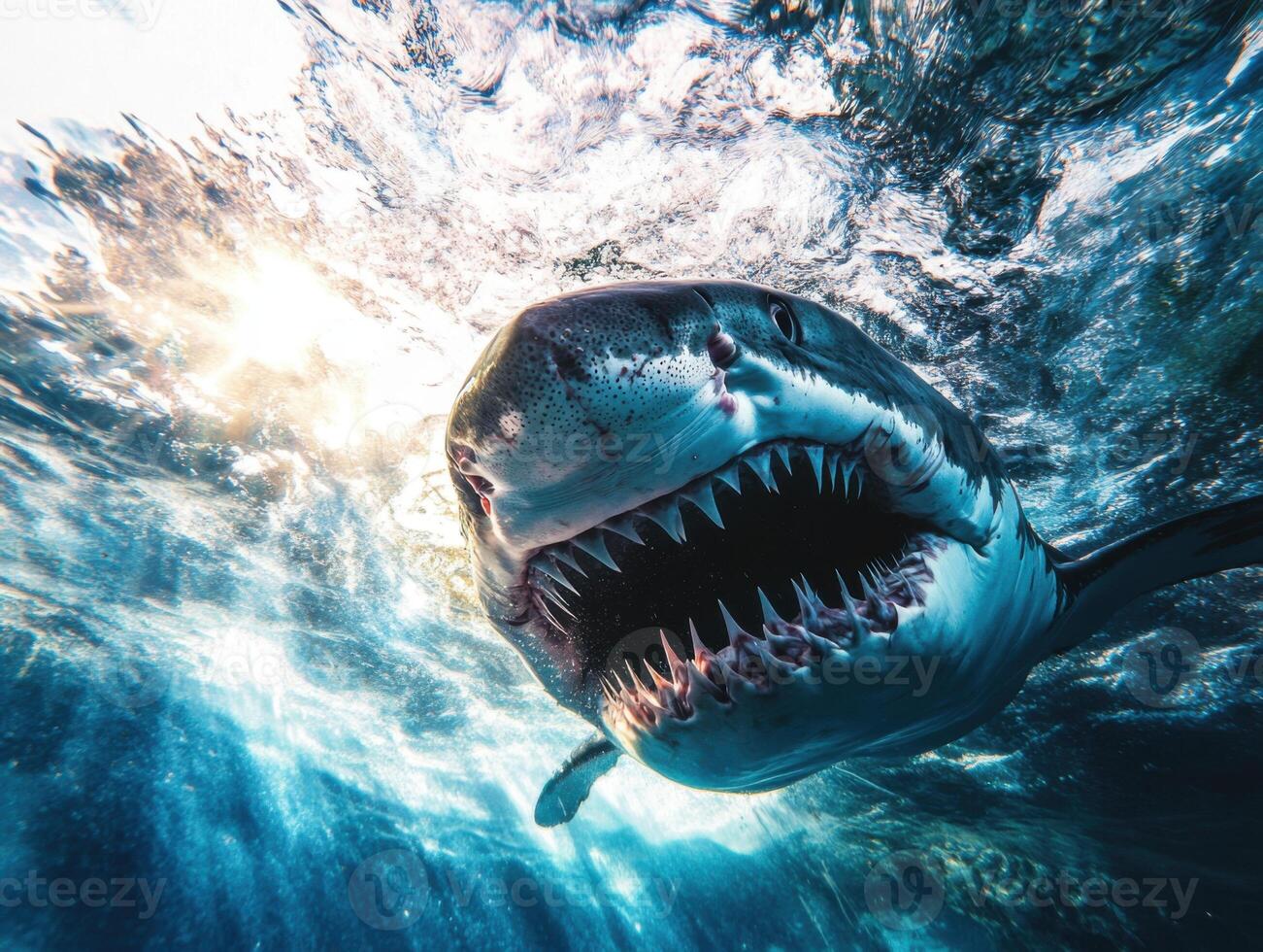 Great white shark swims underwater showcasing its powerful jaws near sunlight reflections photo