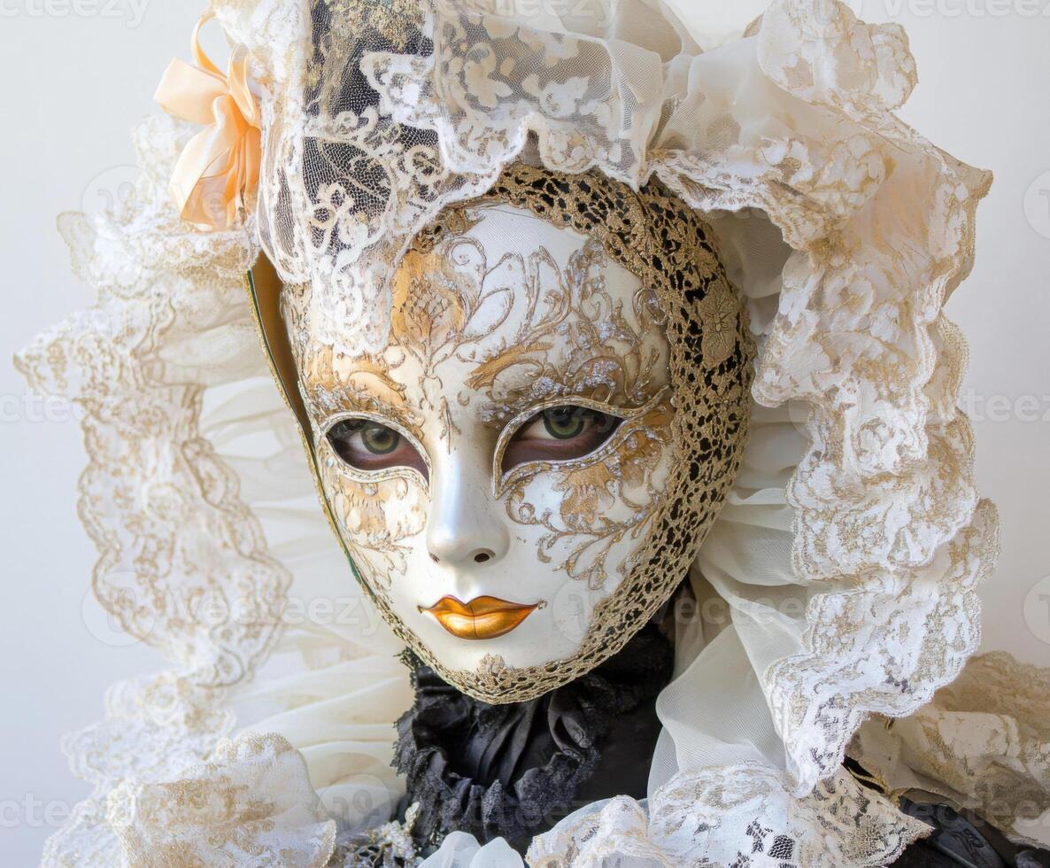 Elegant mask worn by a mannequin showcasing detailed lace and costume design at a cultural event in a gallery photo